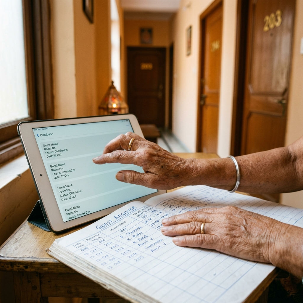 An older Indian guest house owner's hands navigating a simple tablet interface beside a handwritten paper ledger, showing the analog-to-digital transition