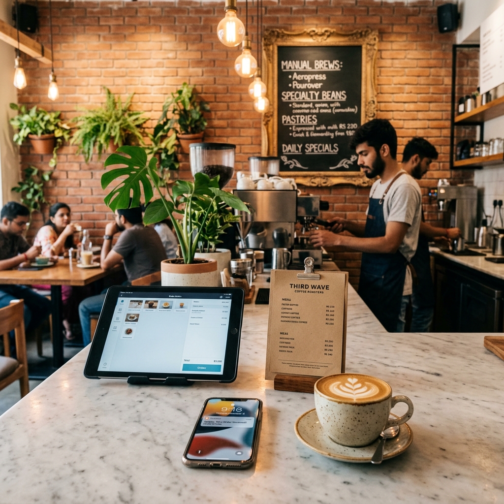 A modern Indian specialty cafe counter with a POS tablet, smartphone, kraft paper menu, and latte art — Edison bulb lighting and exposed brick in the background