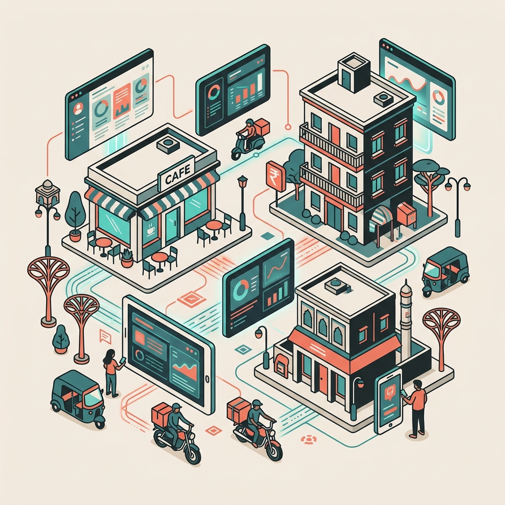 Urbandhu urban commerce ecosystem — cafes, PGs, and digital dashboards connected through technology