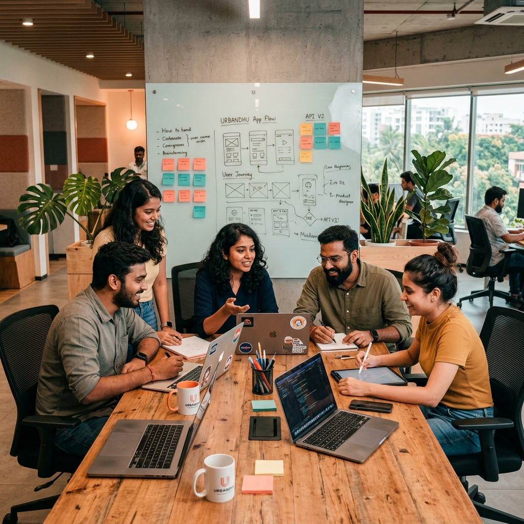 Urbandhu team collaborating in our modern office