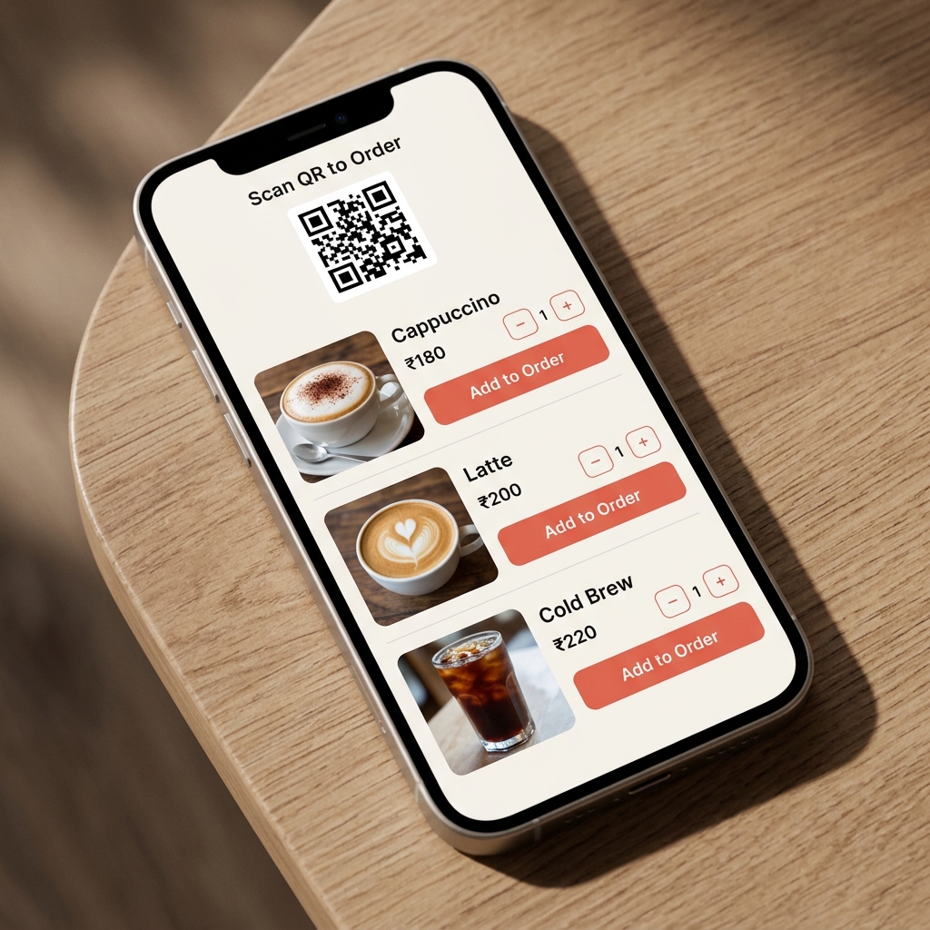 Sevata mobile QR ordering interface showing coffee menu items